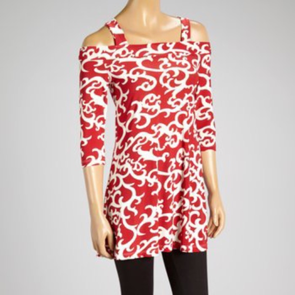 FANTAZIA Tops - Red and White Cold Shoulder Tunic
